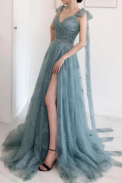 Elegant A-line bow tie party dress with lace high slit ball dress
