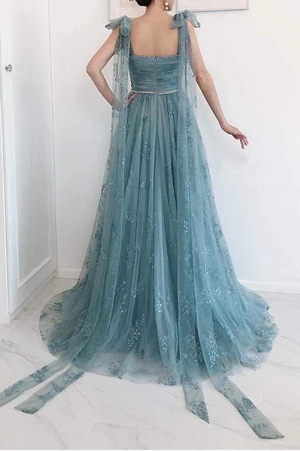 Elegant A-line bow tie party dress with lace high slit ball dress