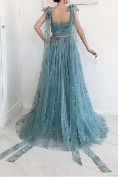 Elegant A-line bow tie party dress with lace high slit ball dress