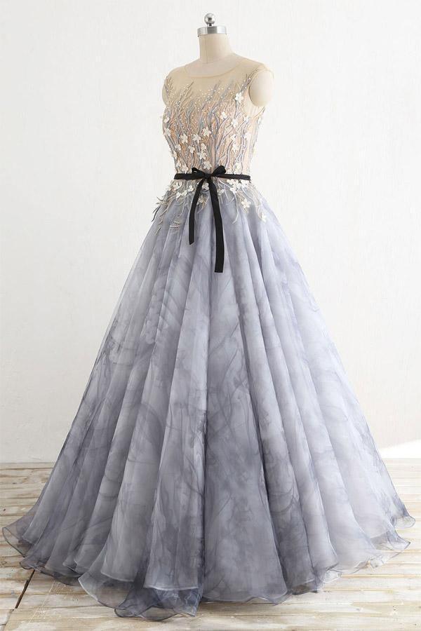 Grey A-line round neck sheer long off the shoulder ball dress grey ruffled edge and floor length evening dress