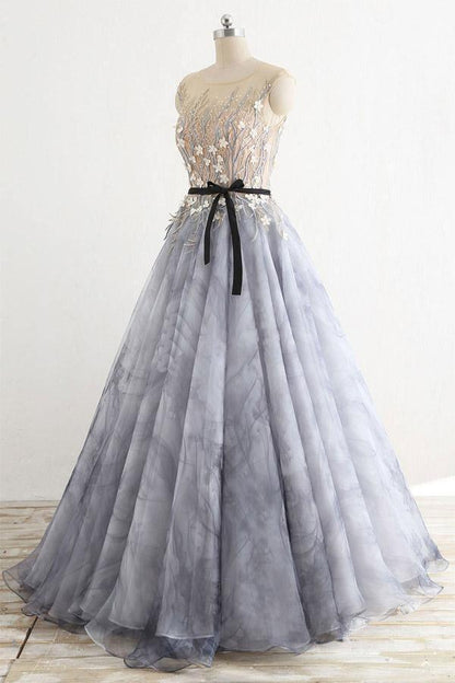 Grey A-line round neck sheer long off the shoulder ball dress grey ruffled edge and floor length evening dress