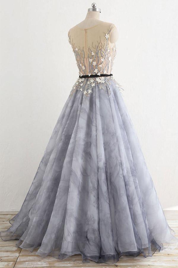 Grey A-line round neck sheer long off the shoulder ball dress grey ruffled edge and floor length evening dress