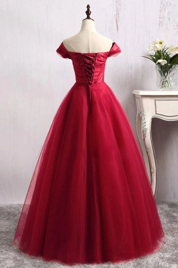 A-Line Off-the-Shoulder Floor-Length Dark Red Tulle Prom Dress