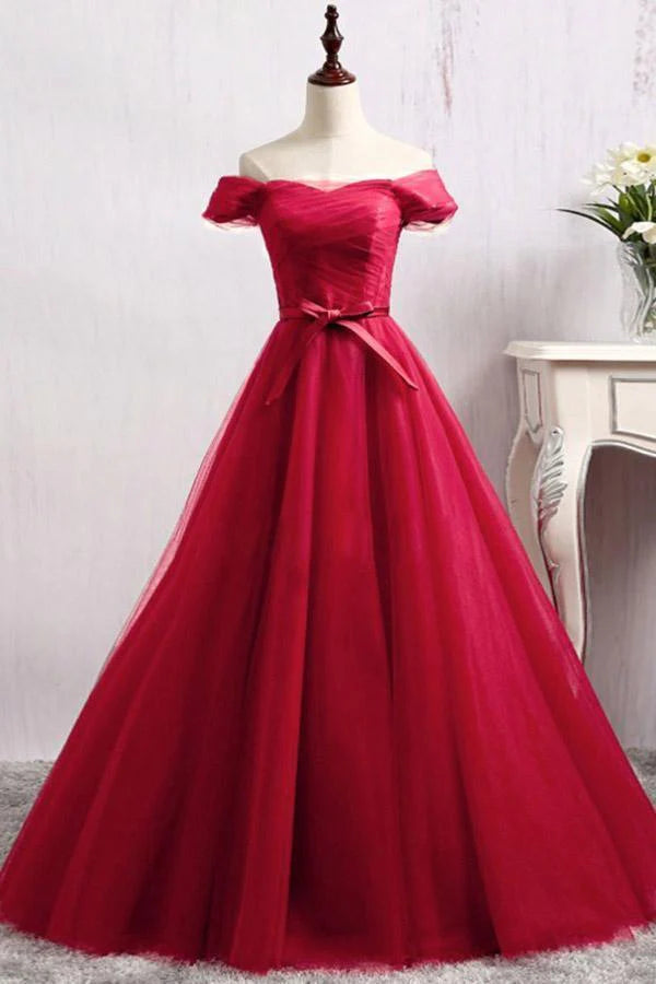 A-Line Off-the-Shoulder Floor-Length Dark Red Tulle Prom Dress