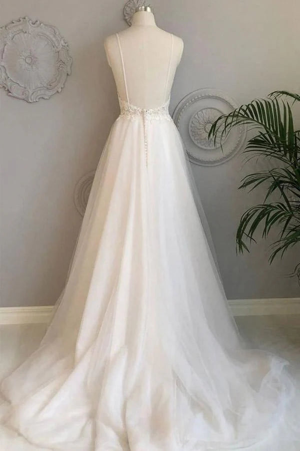 A-line thin shoulder strap beach wedding dress lace and floor length wedding dress