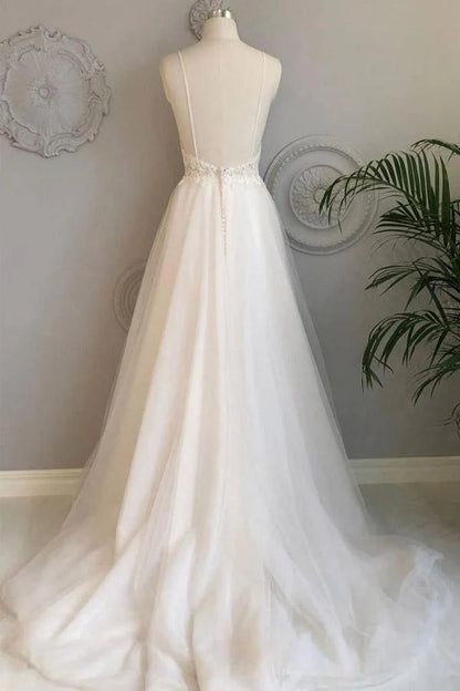 A-line thin shoulder strap beach wedding dress lace and floor length wedding dress