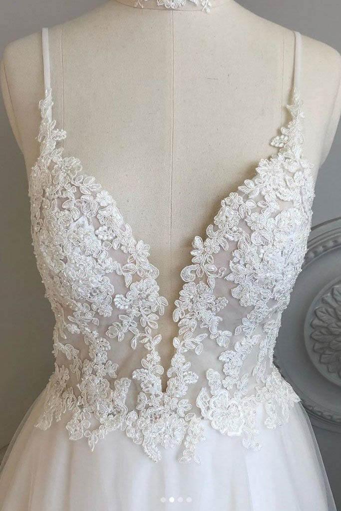 A-line thin shoulder strap beach wedding dress lace and floor length wedding dress