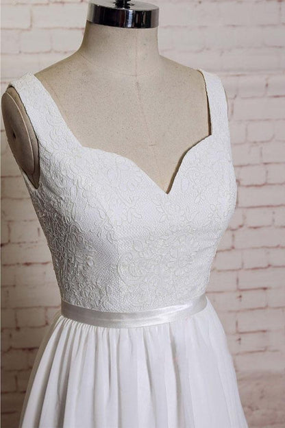 Noble A-line shoulder strap with chiffon patch flower dew back and ground length wedding dress