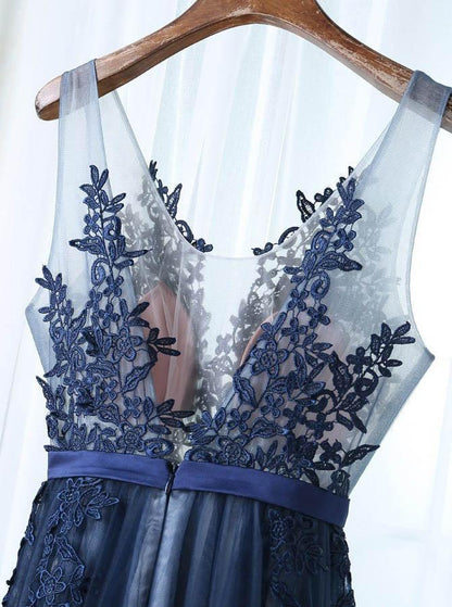 A-shaped V-neck and floor length navy blue sheer floral backless and floor length ball dress