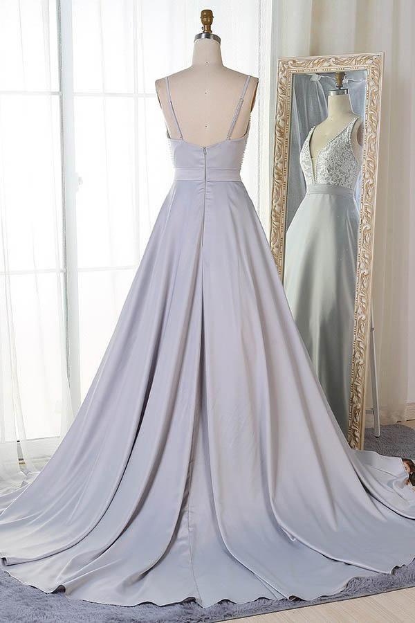 A-Line V-Neck Sweep Train Grey Satin Prom Dress with Appliques