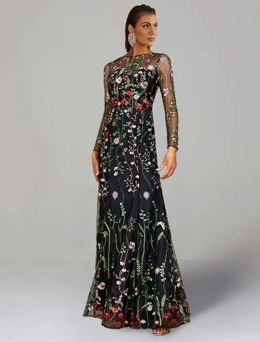 Wedding Guest Dresses Floral Dress Wedding Guest Floor Length Long Sleeve Tulle with Embroidery