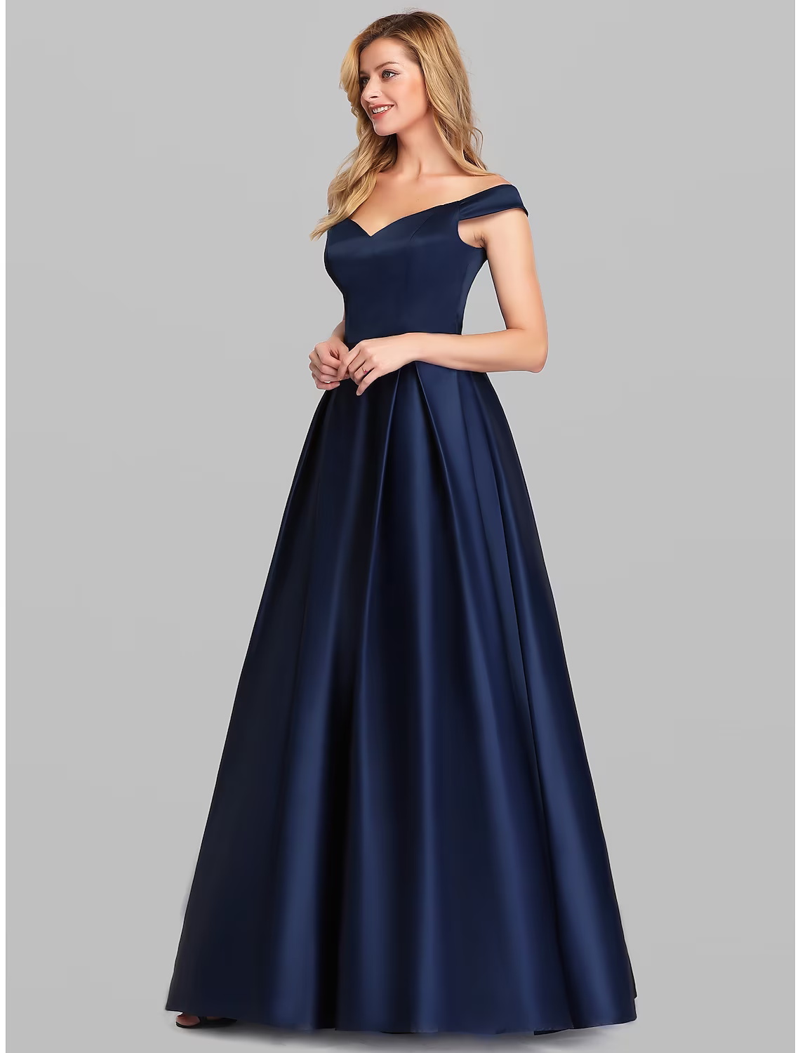 Elegant Prom Birthday Dress Off Shoulder Short Sleeve Floor Length Satin with Pleats