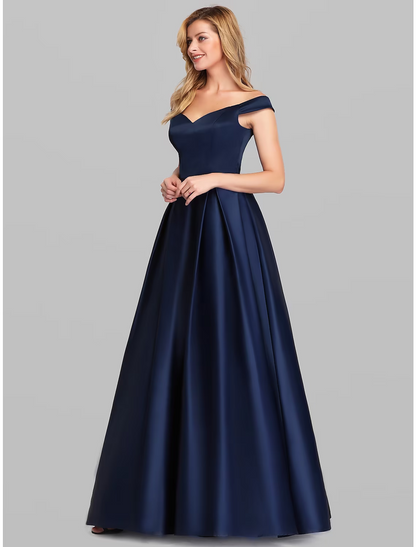 Elegant Prom Birthday Dress Off Shoulder Short Sleeve Floor Length Satin with Pleats