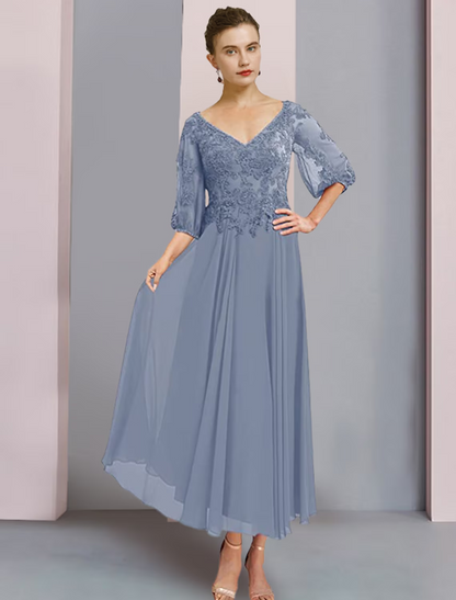 Two Piece A-Line Mother of the Bride Dress Formal Wedding Guest Elegant V Neck Chiffon Lace  Sleeve Wrap Included with Pleats Appliques