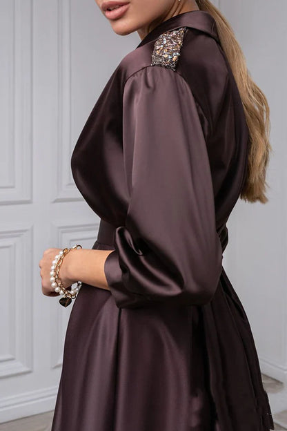 Elegant satin A-line V-neck 3/4 sleeve beaded mother of the bride dress