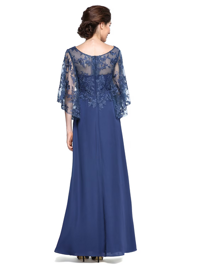 Mother of the Bride Dress Elegant Neck Ankle Length Chiffon Lace Half Sleeve with Lace