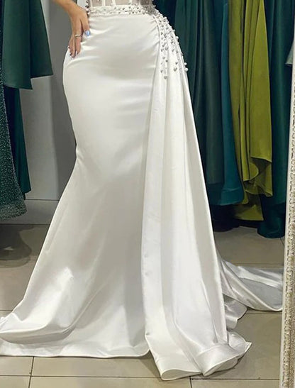 Mermaid / Trumpet Evening Gown Corsets Dress Formal Wedding Court Train Sleeveless Strapless Satin with Ruched Pearls