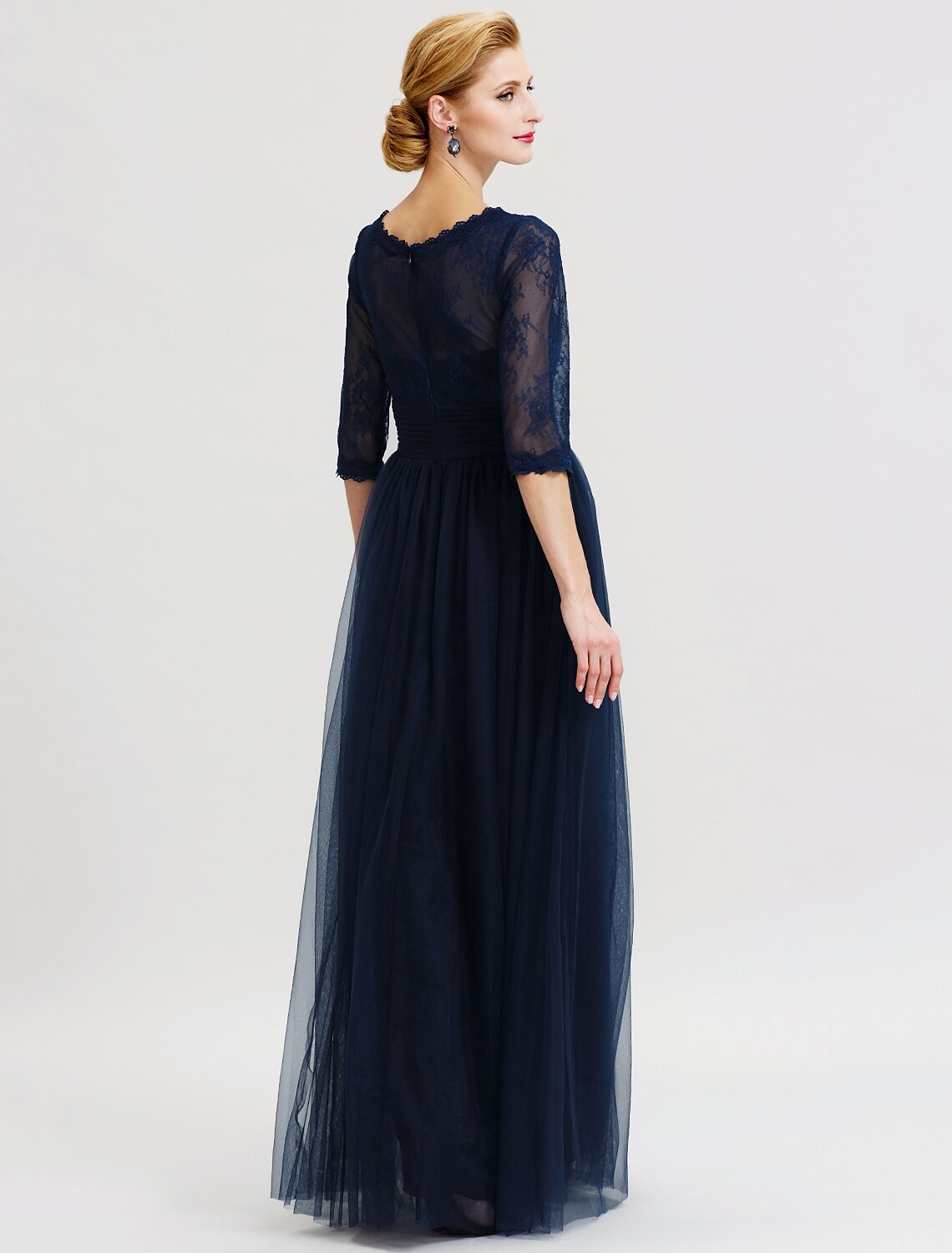 Ball Gown A-Line Mother of the Bride Dress Beautiful Back See Through V Neck Floor Length Tulle Sheer Lace 3/4 Length Sleeve with Sash / Ribbon Pleats / Illusion Sleeve