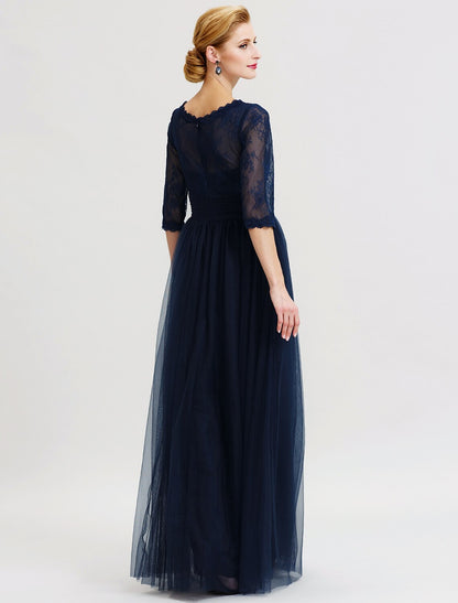 Ball Gown A-Line Mother of the Bride Dress Beautiful Back See Through V Neck Floor Length Tulle Sheer Lace 3/4 Length Sleeve with Sash / Ribbon Pleats / Illusion Sleeve