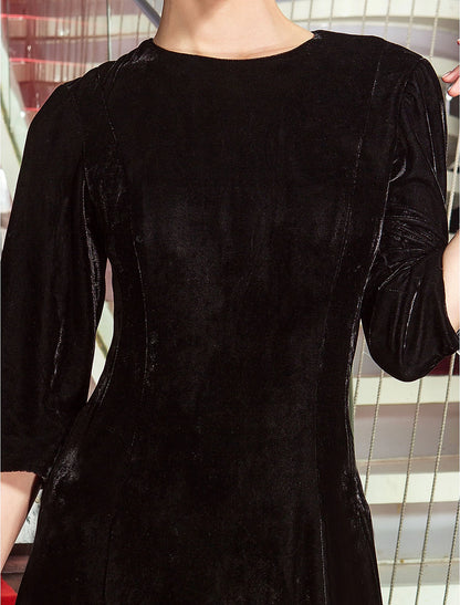 A-Line Black Dress Vintage Wedding Guest Formal Evening Floor Length 3/4 Length Sleeve Jewel Neck Velvet with Pleats