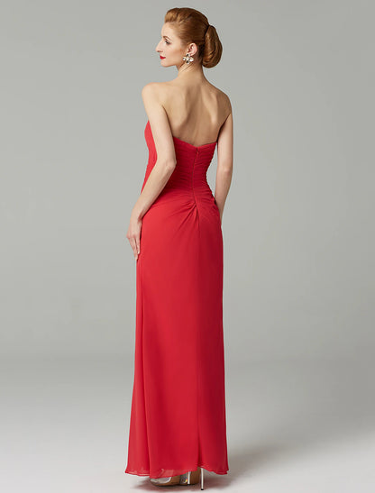 Sheath / Column Mother of the Bride Dress Strapless Floor Length Chiffon Beaded Lace Sleeveless yes with Pleats Beading Split Front