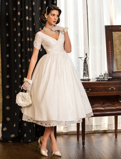 Reception Wedding Dresses Vintage 1940s / 1950s Little White Dresses A-Line V Neck Short Sleeve Tea Length Satin Bridal Gowns With Lace Criss Cross Summer Fall Wedding Party  Women's Clothing