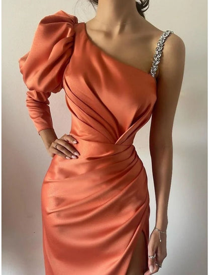 Sheath / Column Evening Gown Elegant Dress Formal Ankle Length Long Sleeve Boat Neck Satin with Ruched Crystals Slit