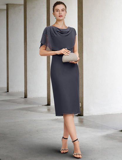 Sheath / Column Mother of the Bride Dress Wedding Guest Vintage Elegant Jewel Neck Tea Length Chiffon Short Sleeve with Pearls Ruching