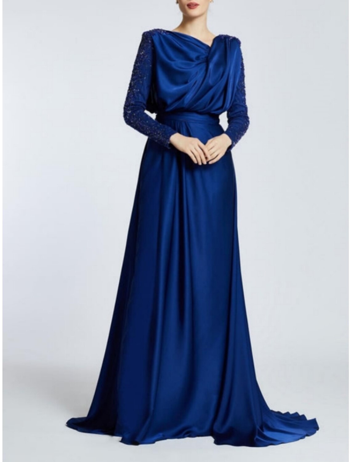 A-Line Evening Gown Black Dress Plus Size Elegant Dress Formal Sweep / Brush Train Long Sleeve Jewel Neck Satin with Pleats Sequin