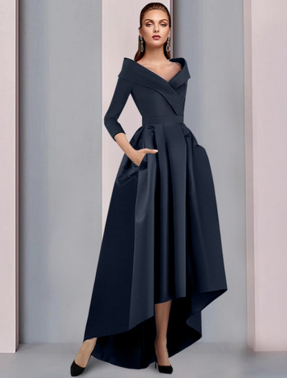 A-Line Mother of the Bride Dress Elegant High Low Sweet  Strap Asymmetrical Satin Sleeve with Pleats