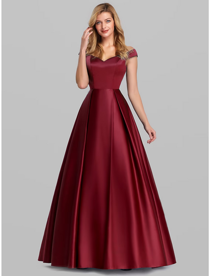 Elegant Prom Birthday Dress Off Shoulder Short Sleeve Floor Length Satin with Pleats