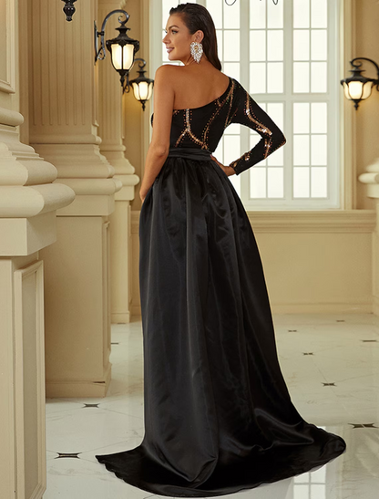 Evening Gown Sexy Dress Formal Court Train Long Sleeve One Shoulder Polyester with Sequin