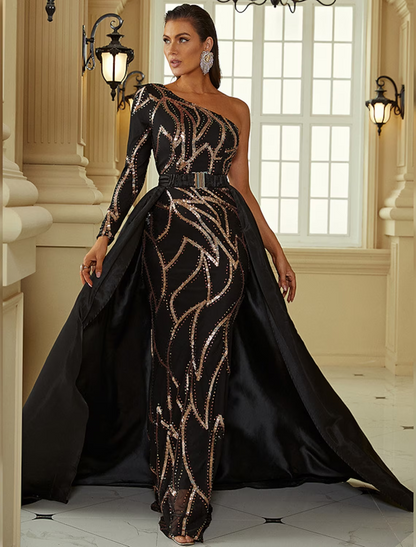 Evening Gown Sexy Dress Formal Court Train Long Sleeve One Shoulder Polyester with Sequin