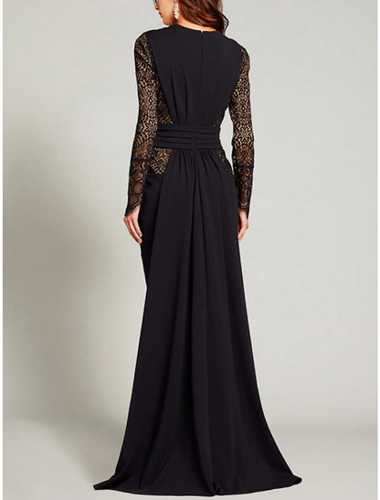 A-Line Mother of the Bride Dress Wedding Guest Elegant V Neck Floor Length Stretch Chiffon Long Sleeve with Lace Split Front Ruching