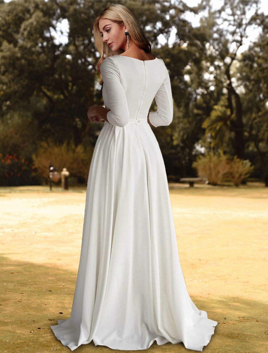 Hall Casual Fall Wedding Dresses A-Line Scoop Neck 3/4 Length Sleeve Sweep / Brush Train Stretch Fabric Bridal Gowns With Pleats Solid Color  Summer Wedding Party, Women's Clothing