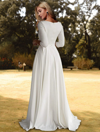 Hall Casual Fall Wedding Dresses A-Line Scoop Neck 3/4 Length Sleeve Sweep / Brush Train Stretch Fabric Bridal Gowns With Pleats Solid Color  Summer Wedding Party, Women's Clothing