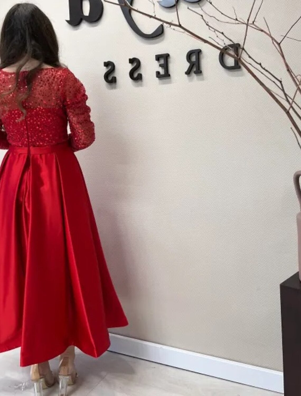 A-Line Evening Gown Elegant Dress Formal Wedding Ankle Length Long Sleeve Jewel Neck Fall Wedding Guest Satin with Pearls Sequin