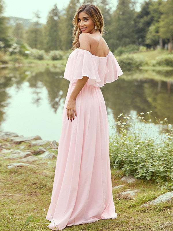 A-Line/Princess Chiffon Ruffles Off-the-Shoulder Short Sleeves Sweep/Brush Train Bridesmaid Dresses