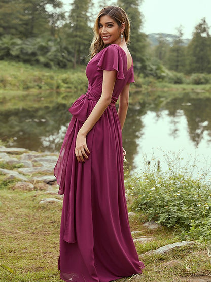 A-Line/Princess Chiffon Ruffles V-neck Short Sleeves Floor-Length Bridesmaid Dresses