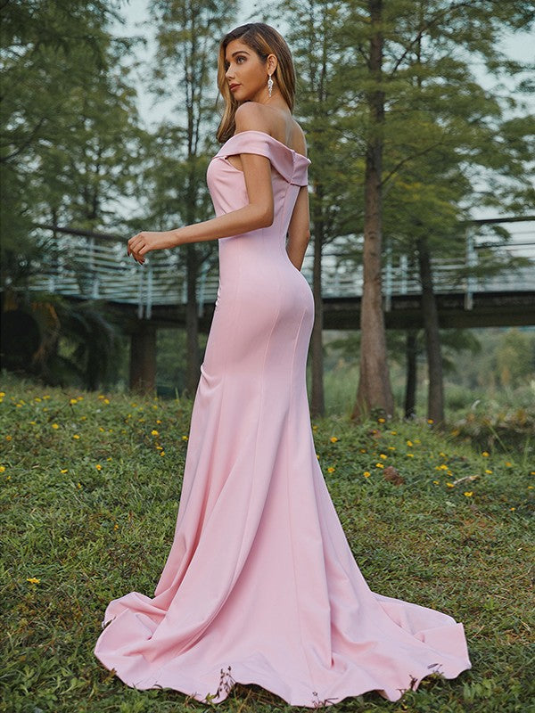 Sheath/Column Stretch Crepe Ruched Off-the-Shoulder Sleeveless Sweep/Brush Train Bridesmaid Dresses