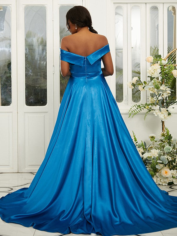 A-Line/Princess Silk like Satin Ruffles Off-the-Shoulder Sleeveless Sweep/Brush Train Bridesmaid Dresses