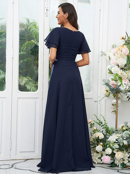 A-Line/Princess Chiffon Ruffles V-neck Short Sleeves Floor-Length Bridesmaid Dresses