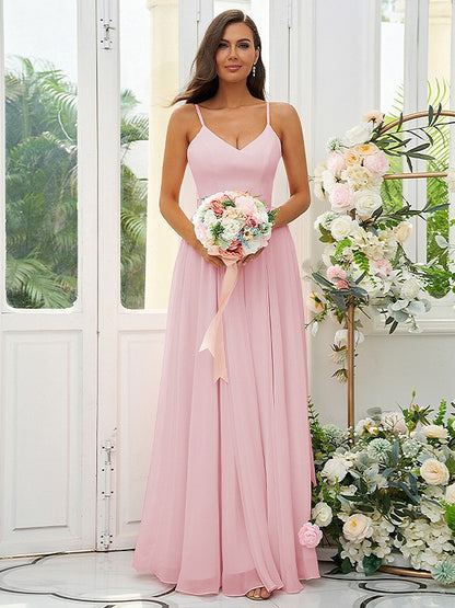 A-Line/Princess Chiffon Ruffles V-neck Sleeveless Floor-Length Bridesmaid Dresses