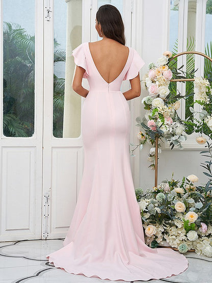 Sheath/Column Stretch Crepe Ruffles Scoop Short Sleeves Sweep/Brush Train Bridesmaid Dresses