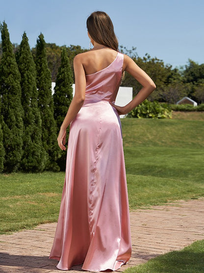 Sheath/Column  Woven Satin Ruched One-Shoulder Sleeveless Floor-Length Bridesmaid Dresses