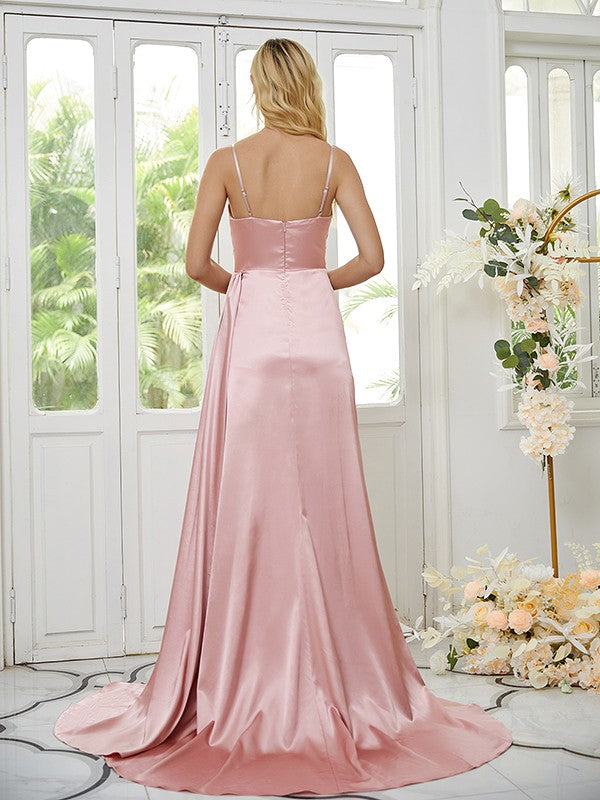 Sheath/Column  Woven Satin Ruched Spaghetti Straps Sleeveless Sweep/Brush Train Bridesmaid Dresses