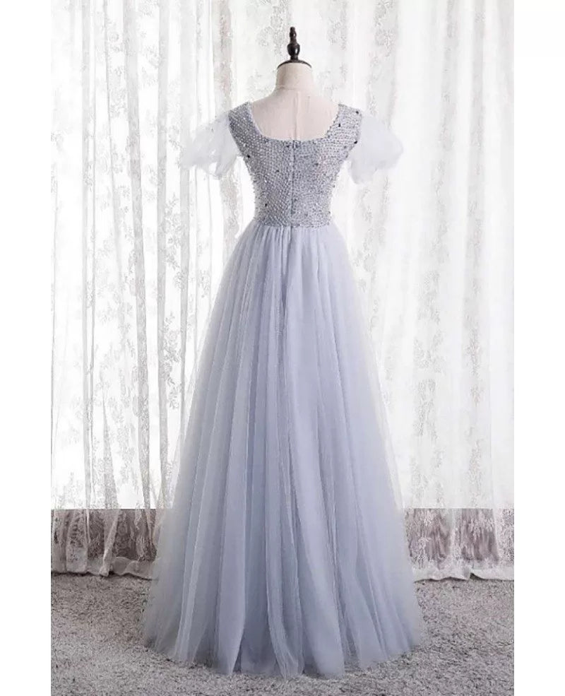 Charming silver beaded sequin square neck sleeve ball dress, silver A-line short sleeved backless and floor length evening dress