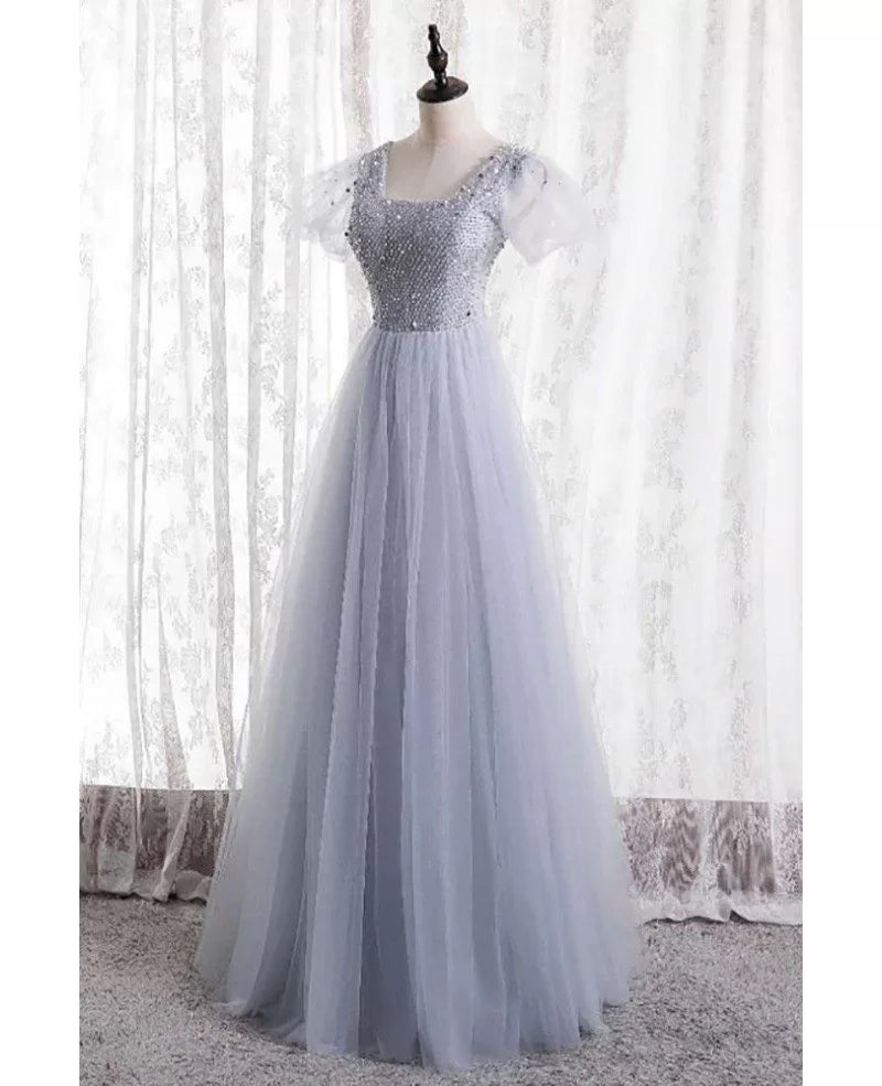 Charming silver beaded sequin square neck sleeve ball dress, silver A-line short sleeved backless and floor length evening dress