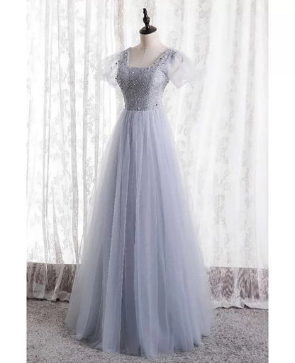 Charming silver beaded sequin square neck sleeve ball dress, silver A-line short sleeved backless and floor length evening dress