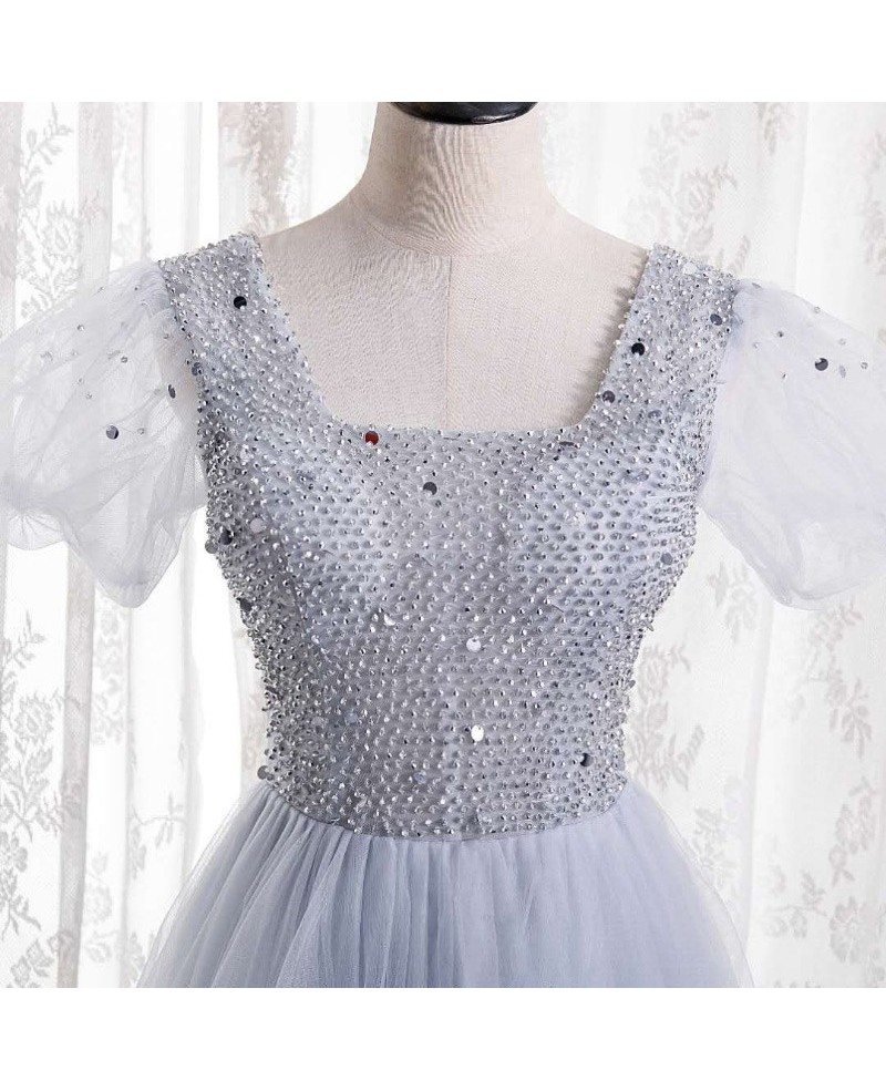 Charming silver beaded sequin square neck sleeve ball dress, silver A-line short sleeved backless and floor length evening dress